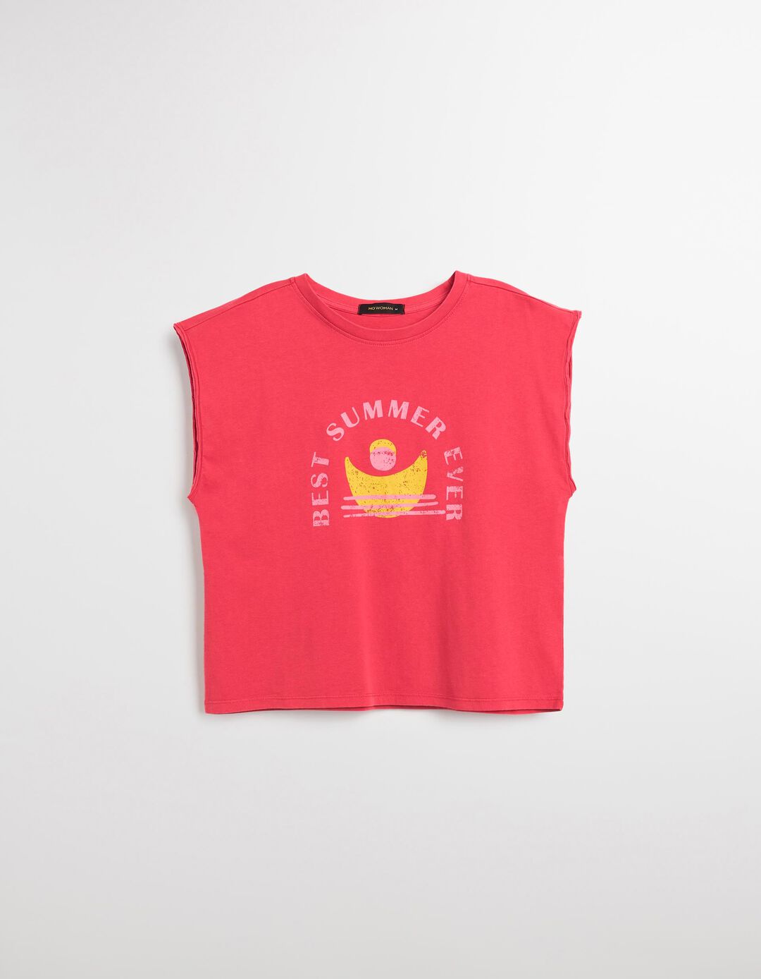 T-shirt Print sem Mangas, Mulher, Rosa Escuro 