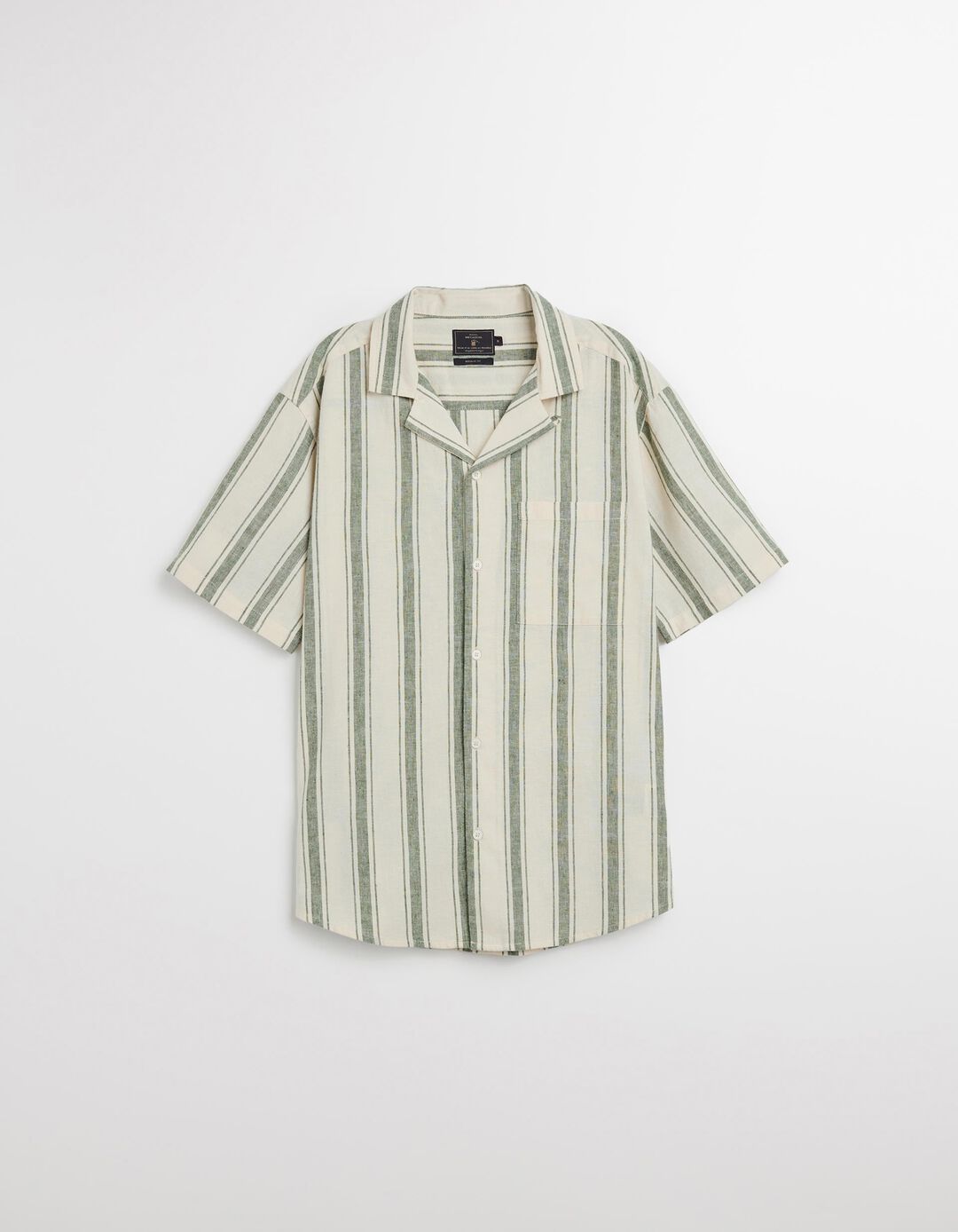 Camisa de Riscas com Linho, Homem, Verde Escuro